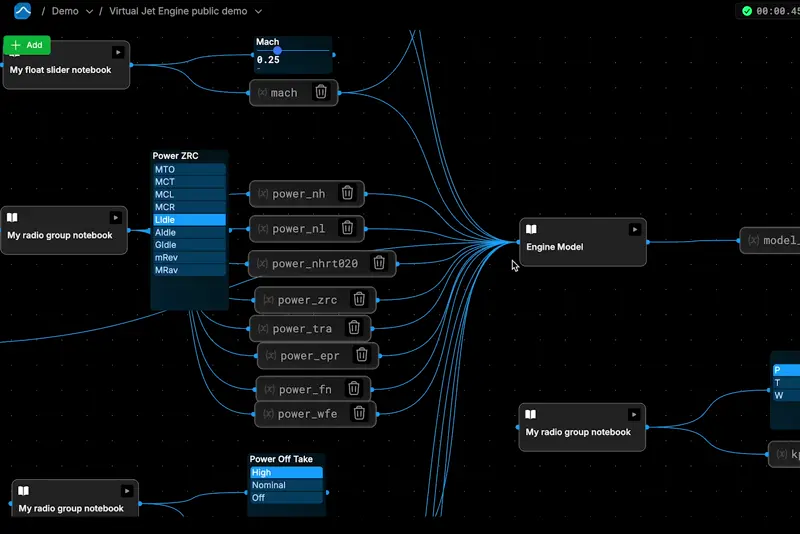 The Engine Model node with its input sliders and radio groups wired in